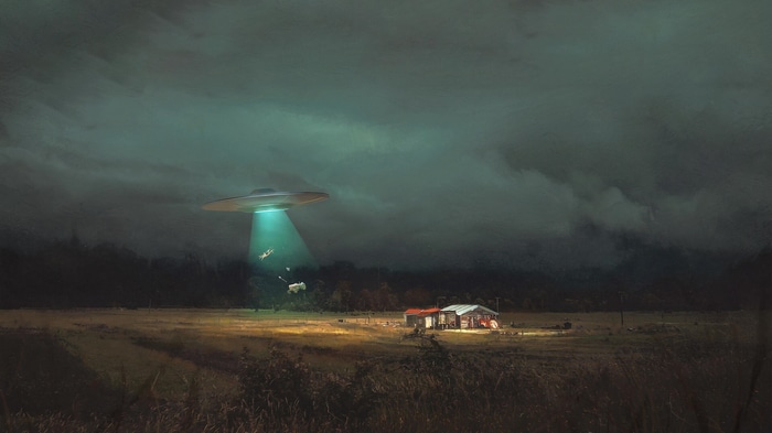 UFO abducting cows over a farm at night