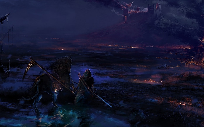 Fantasy landscape with a castle and figures at night