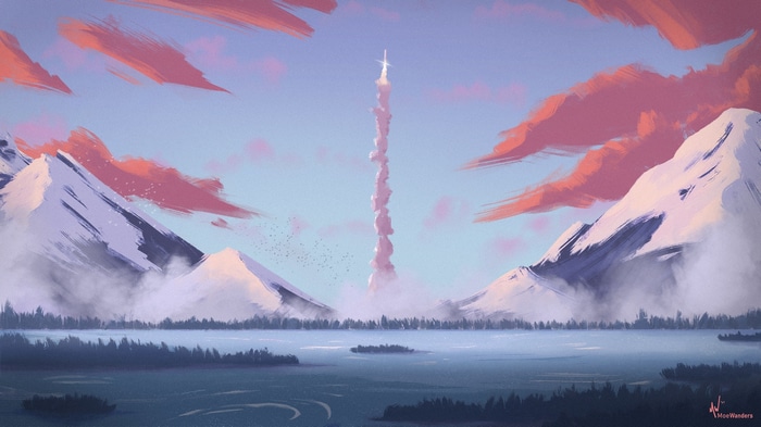 Rocket Launch Over Snowy Mountains and Lake