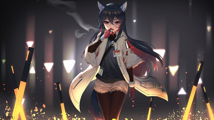 Texas from Arknights smoking with wolf ears