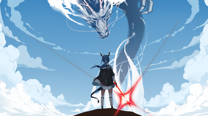 4K Arknights Chen facing a Chinese dragon