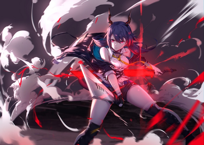 Chen from Arknights wielding a glowing sword