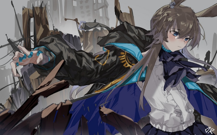 Amiya from Arknights in a ruined city