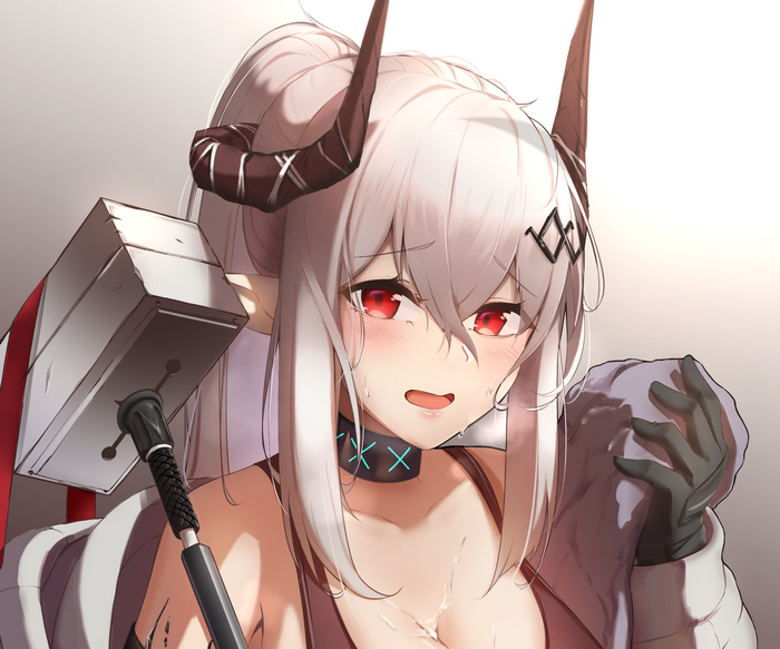 Mudrock from Arknights with red eyes and horns