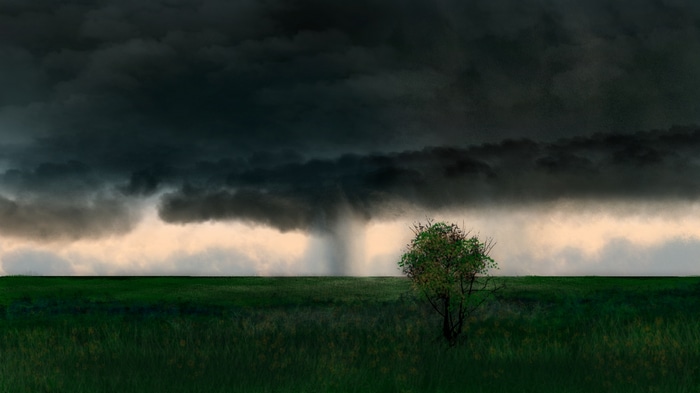Digital painting of a stormy sky over a grassy field