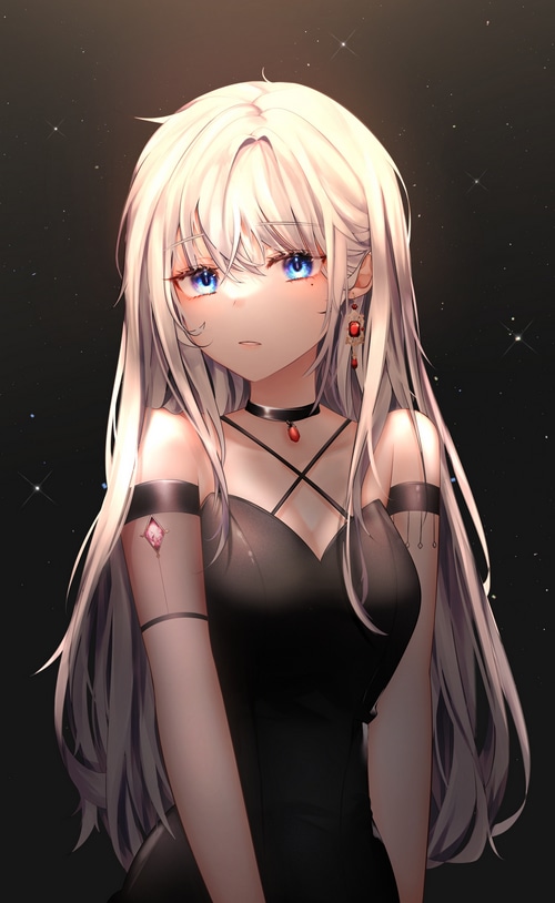 Anime girl with silver hair and blue eyes in a black dress