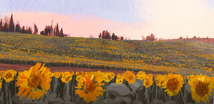 Artwork of a sunflower field at sunset