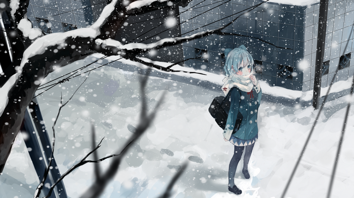 Girl with blue hair in the snow