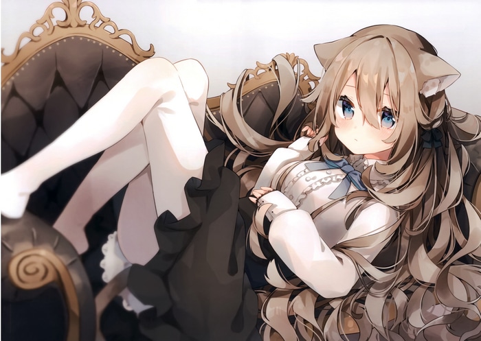 Cat girl in white pantyhose and frill dress