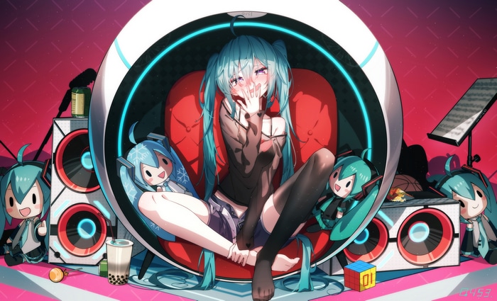Hatsune Miku sitting in a futuristic chair with speakers