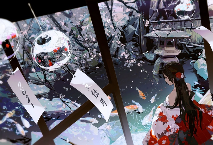 Anime girl in kimono by koi pond with wind chimes