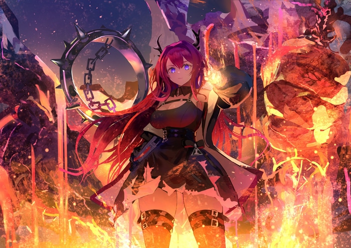 Arknights Surtr with Spiked Wheel and Fire