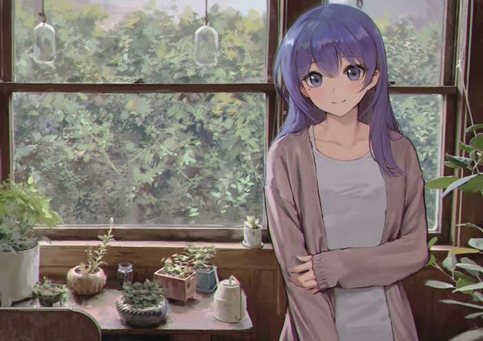 4K Anime Girl with Purple Hair and Eyes