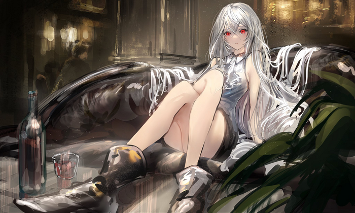 Skadi from Arknights with silver hair and red eyes