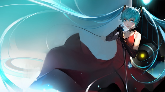 Hatsune Miku singing with blue hair and red dress