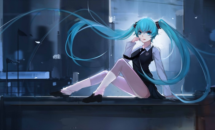 Hatsune Miku sitting on a ledge at night