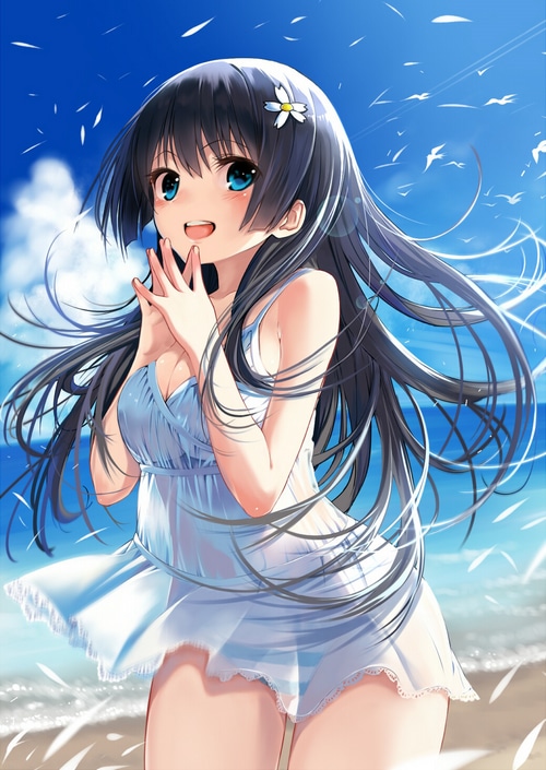Anime girl in a white dress on the beach