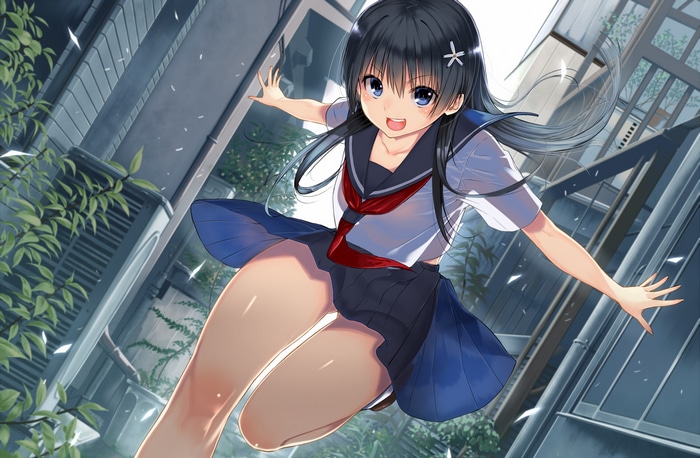 Girl in School Uniform Leaping in Urban Setting