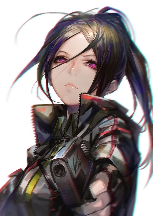 Anime girl with pink eyes holding a gun