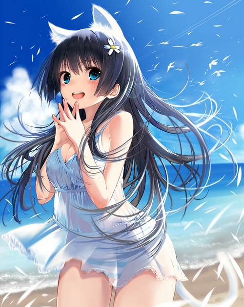 Cat girl in a white dress on the beach