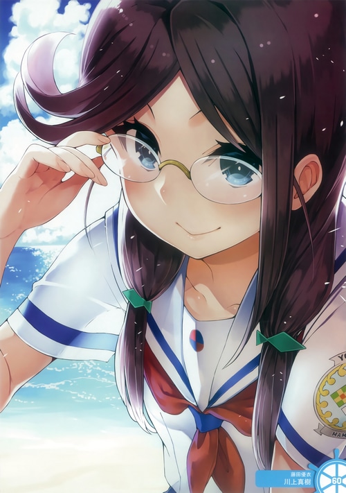 Anime girl with glasses in a sailor uniform on the beach