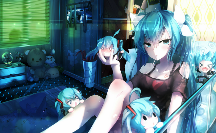 Hatsune Miku and her chibi counterparts in a room