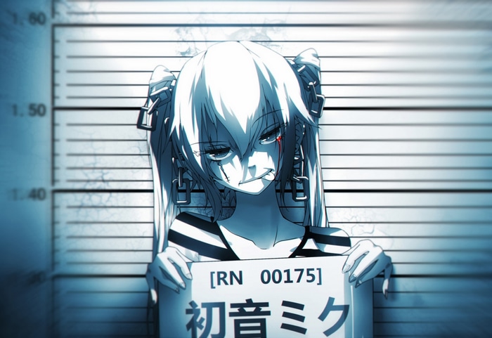 Hatsune Miku Mugshot with Chains and Tongue Out
