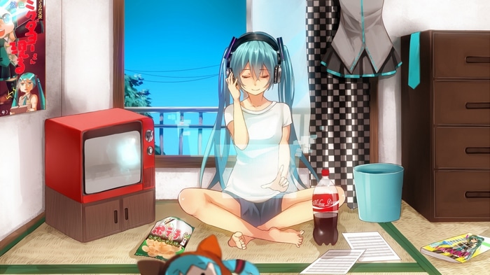 Hatsune Miku listening to music in a room