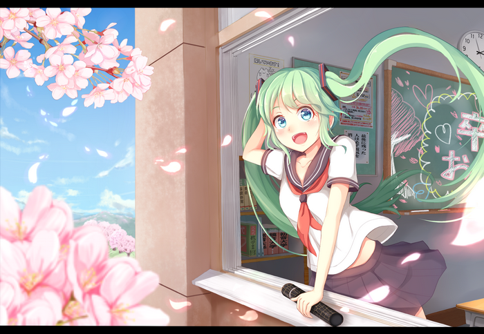 Hatsune Miku in a school uniform with cherry blossoms
