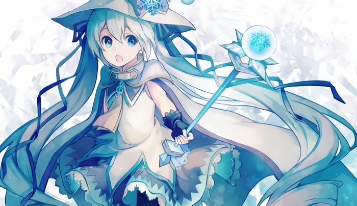 Hatsune Miku as a winter mage with a snowflake staff