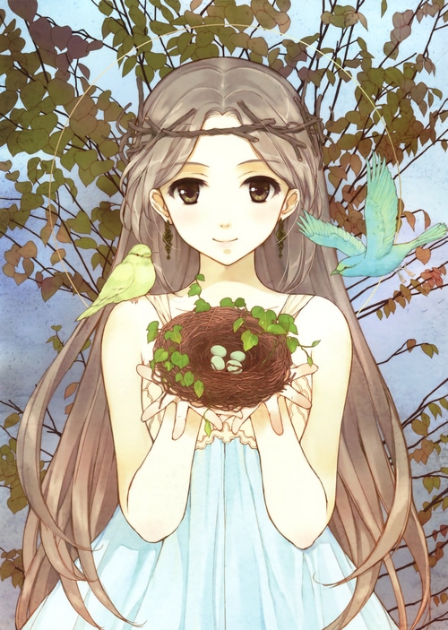 Girl holding a bird's nest with eggs and birds