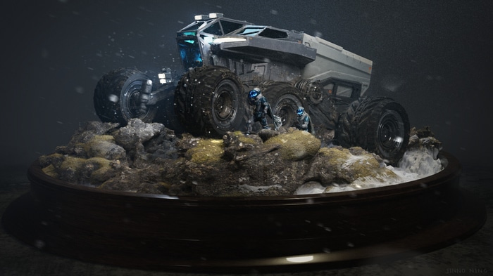 Futuristic rover with astronauts on a rocky planet