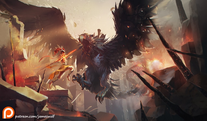 Fantasy art of a griffin fighting a warrior