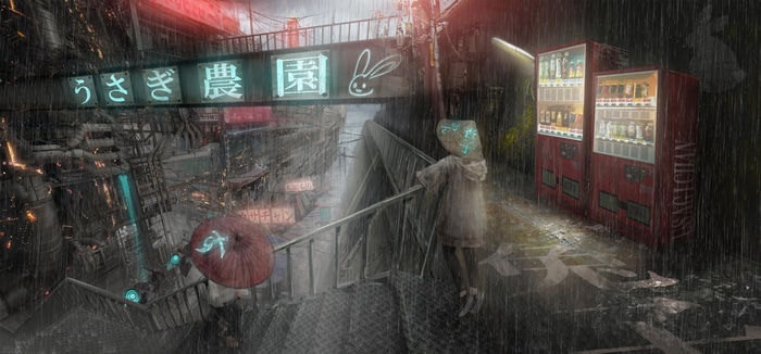 4K rain city with Japanese signs and vending machines