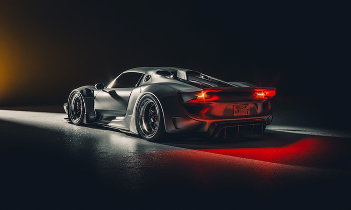 Porsche 918 Spyder with custom body kit and Japanese license plate