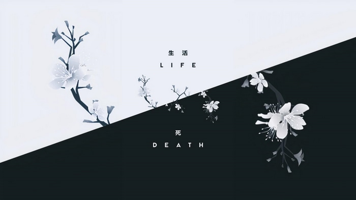 Monochrome cherry blossoms with life and death text