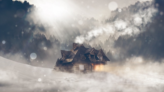 4K winter house in snowy forest