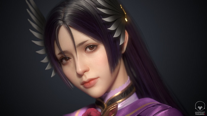 Asian woman with dark hair and wing hair accessories
