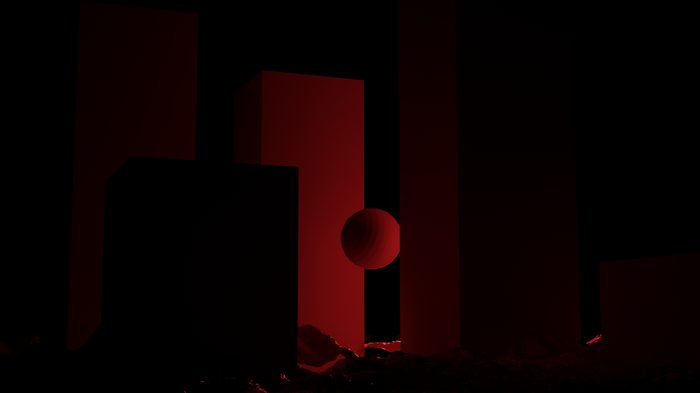 Dark geometric figures with a red sphere