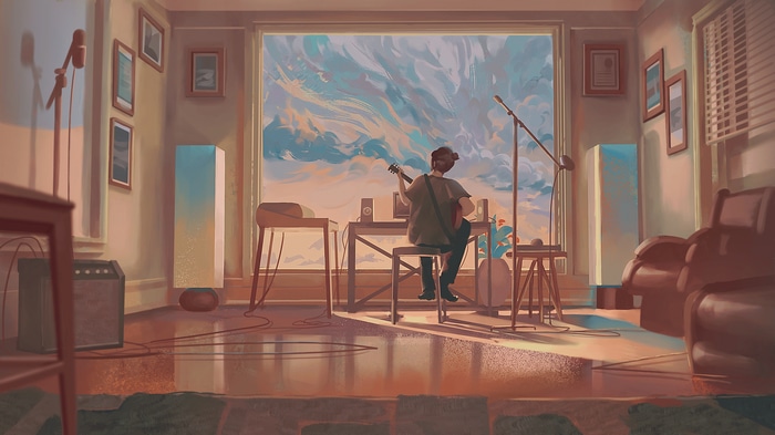 4K Studio Interior with Person Playing Guitar