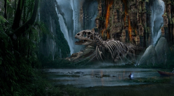 Dinosaur skeleton in a jungle with waterfalls and ruins