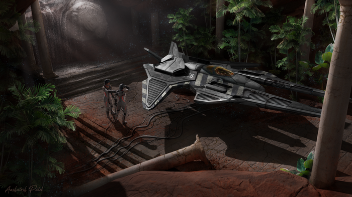 Science fiction artwork of a spaceship and explorers