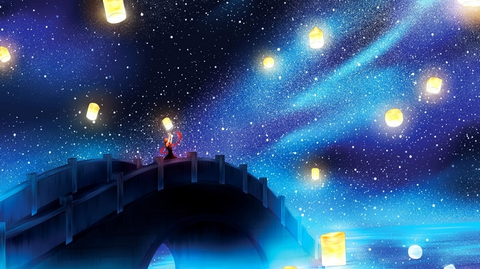 A person releases sky lanterns on a bridge under a starry sky
