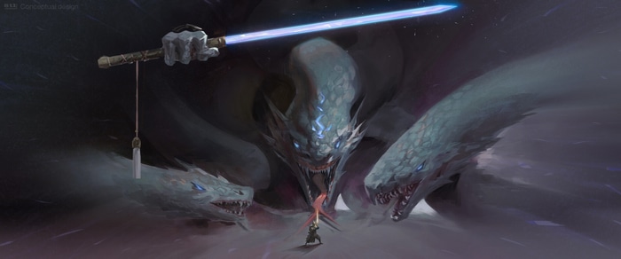 Zhihui Su's fantasy art of a warrior fighting a hydra
