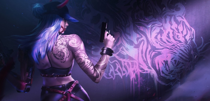 Woman with tattoos and gun with tiger mural