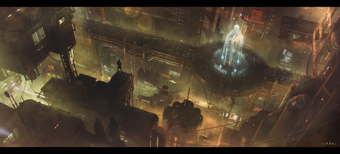 Futuristic Cityscape with Holographic Statue