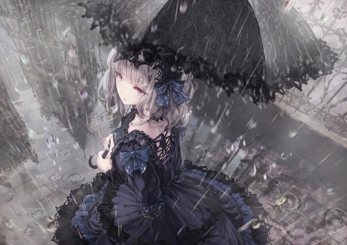 Gothic Lolita girl with umbrella in the rain
