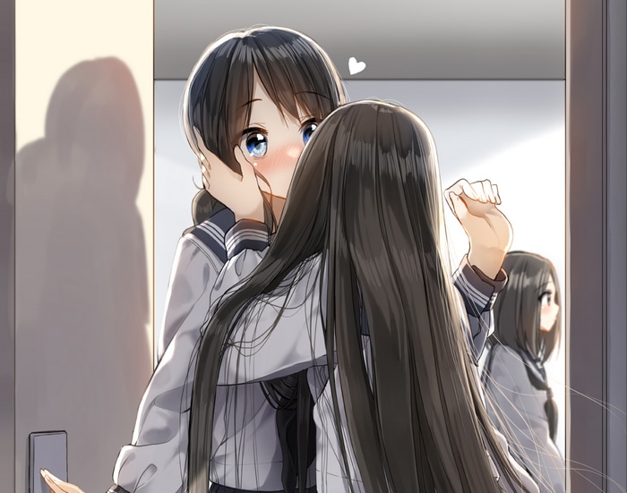 Two girls in school uniforms kissing