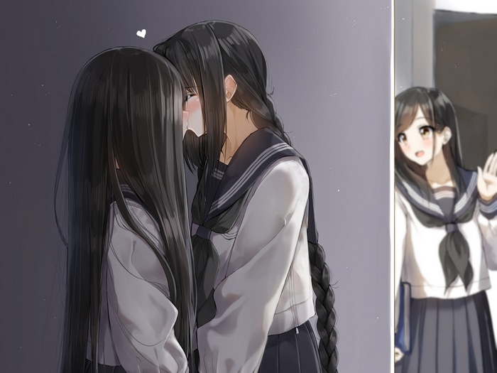 Two girls in sailor uniforms kissing