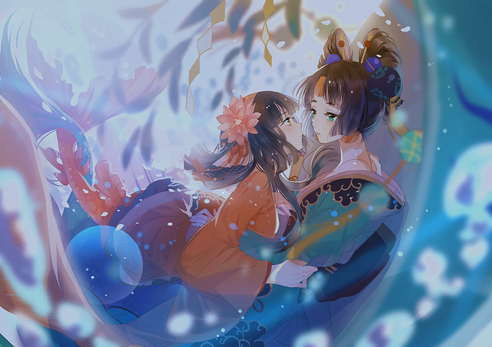 Two anime girls in traditional Japanese attire